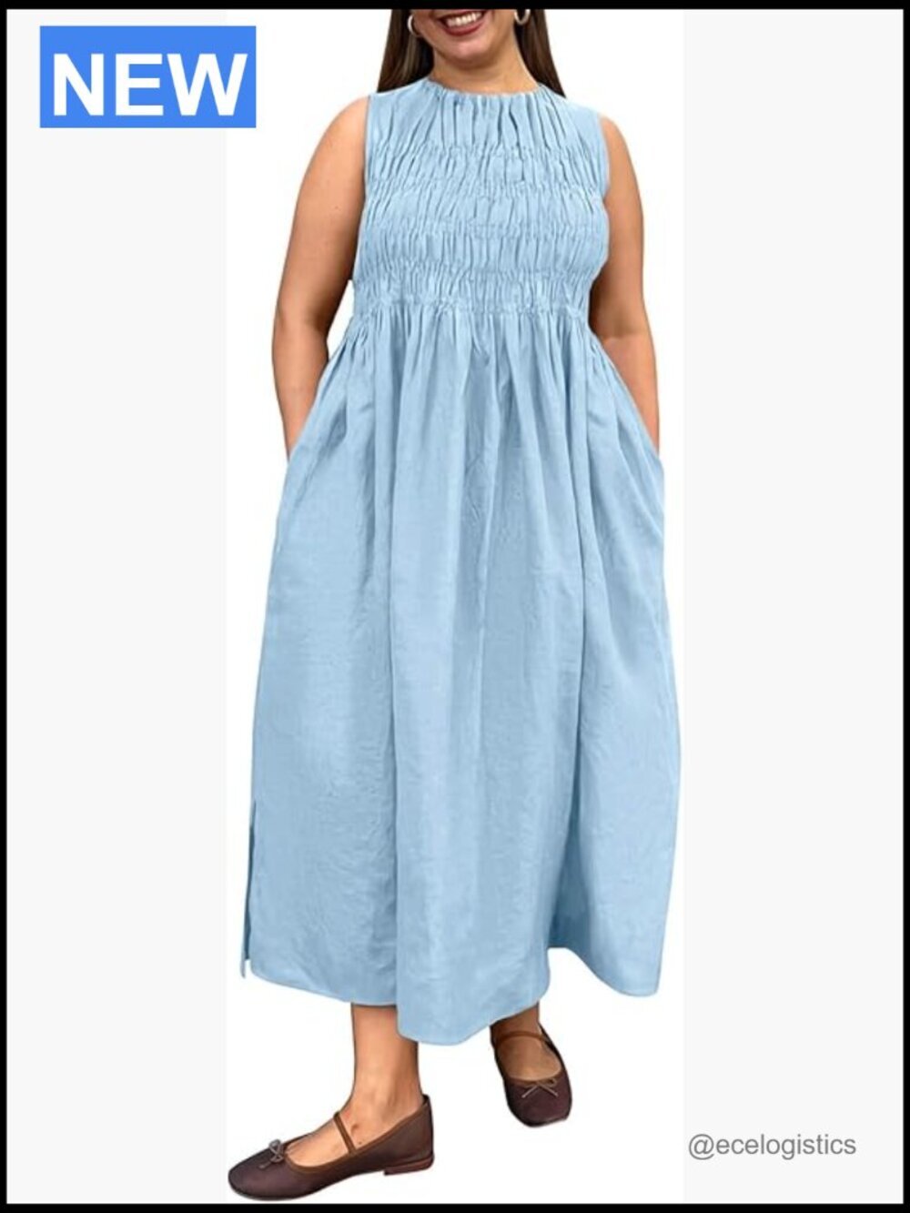 Women's Plus Size Maxi Dress Sleeveless Crewneck Ruched Pockets